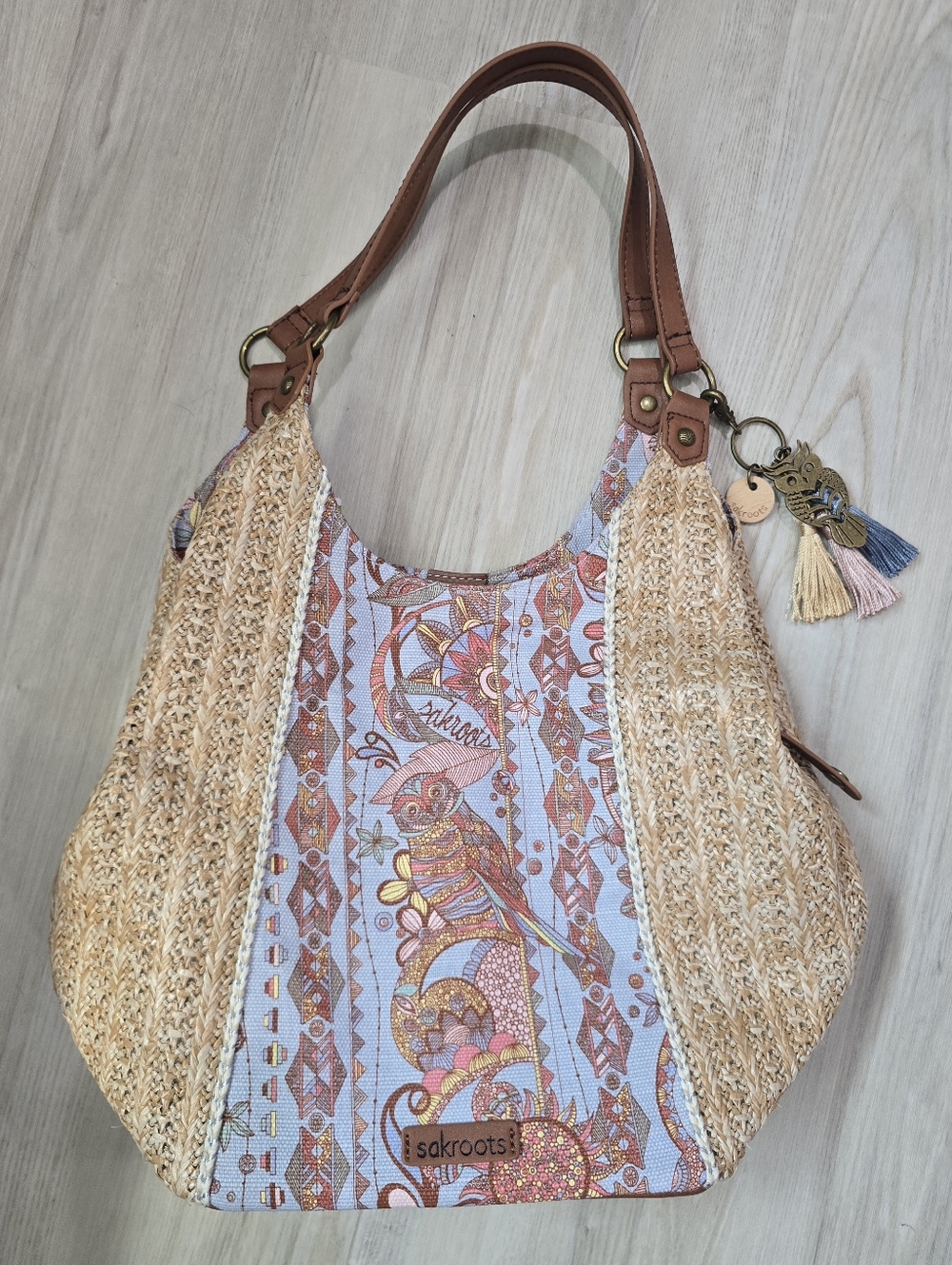 Sakroots Sky Spirit Desert Sequoia Owl Woven Jute/Cotton Hobo Shoulder Bag NWOT